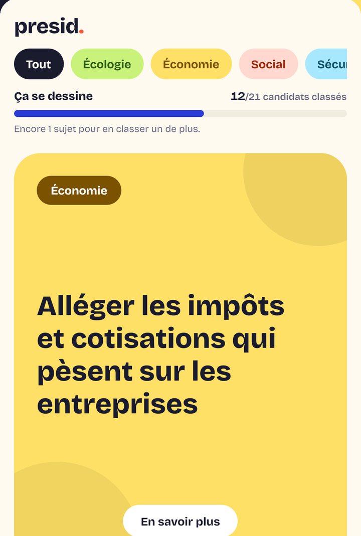 Un sujet à trancher : alléger les impôts et cotisations qui pèsent sur les entreprises. Aucun nom de personnalité sur la carte.