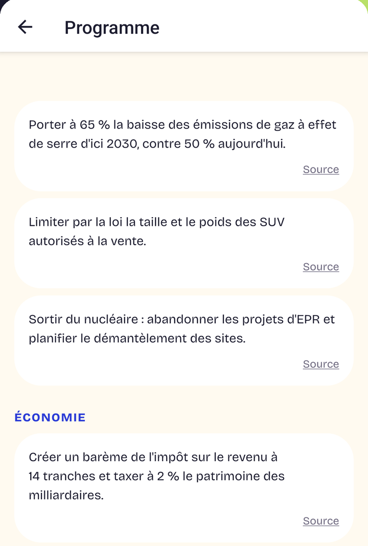 L'écran Programme : chaque mesure d'une personnalité, avec le lien vers la source qui la prouve.